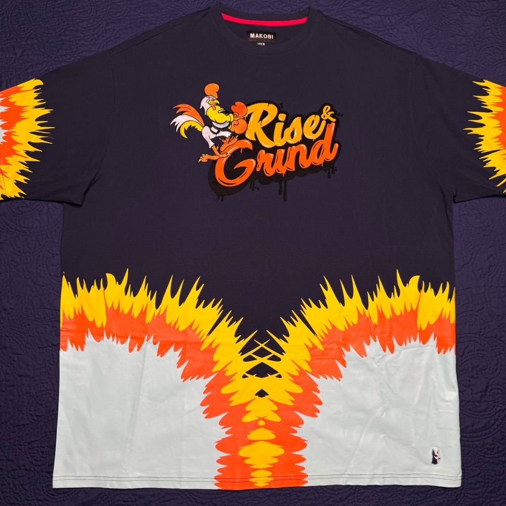 Makobi Rise & Grind Flame Graphic T-Shirt Navy Blue Mens 4XB Streetwear